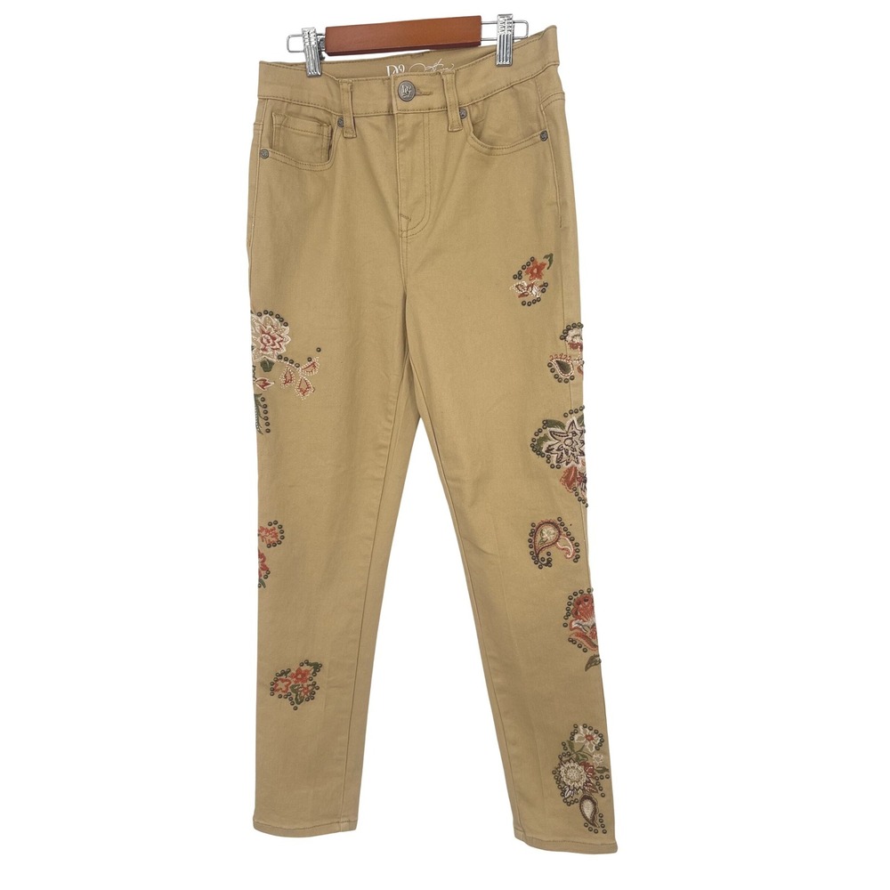 DG2 Diane Gilman Pants Women 4 Tan Floral Embroidered Studded Boho Skinny Jeans